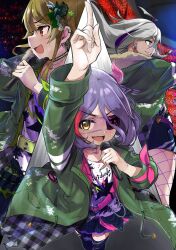 3girls brown_eyes choker ear_piercing eyepatch fake_horns grey_hair hair_ornament hayasaka_mirei highres holding holding_microphone horns hoshi_syoko idolmaster idolmaster_cinderella_girls idolmaster_cinderella_girls_starlight_stage individuals_(idolmaster) jacket kirikirimai_(kkm) microphone morikubo_nono multiple_girls music official_alternate_costume open_clothes open_jacket out_of_frame outstretched_arms perspective piercing pointing pointing_up singing skirt smile