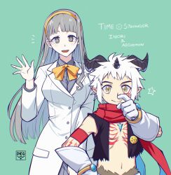 1boy 1girl aegiomon black_vest body_markings breasts chest_jewel copyright_name cowboy_shot digimon digimon_(creature) digimon_story:_time_stranger facial_mark gloves goat_horns green_background grey_eyes grey_hair grey_shirt grey_skirt hand_on_own_hip highres horns jacket large_breasts long_hair misono_inori no_shirt pleated_skirt shirt short_hair simple_background skirt slayer_dramonz vest white_gloves white_hair white_jacket