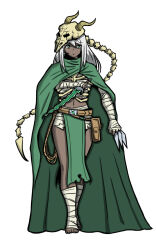 1girl alxen animal_skull animification bandages chinese_commentary cloak commentary_request dagger dark-skinned_female dark_skin full_body green_cloak green_eyes holding holding_dagger holding_knife holding_weapon knife long_hair looking_at_viewer navel no_pupils pelvic_curtain simple_background skull_on_head slay_the_spire solo the_silent_(slay_the_spire) walking weapon white_background white_hair