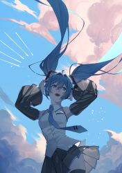 1girl ahoge armpits arms_up black_skirt black_sleeves black_thighhighs blue_eyes blue_hair blue_sky breasts cloud collared_shirt day detached_sleeves floating_clothes floating_hair hair_between_eyes hair_ornament hatsune_miku highres long_sleeves looking_up medium_breasts miniskirt open_mouth pleated_skirt shirt skirt sky sleeveless sleeveless_shirt solo teeth thighhighs tongue twintails upper_teeth_only uryoko vocaloid wing_collar