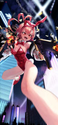 1girl absurdres ahoge animal_ears blue_archive bow bowtie braid breasts bubble99 detached_collar dual_wielding fake_animal_ears fangs gun halo highleg highleg_leotard highres holding holding_gun holding_weapon huge_ahoge jacket leotard looking_at_viewer mole mole_under_eye neru_(blue_archive) neru_(bunny)_(blue_archive) open_mouth orange_hair playboy_bunny print_jacket rabbit_ears red_bow red_bowtie red_eyes red_leotard single_braid slit_pupils small_breasts solo strapless strapless_leotard tag weapon