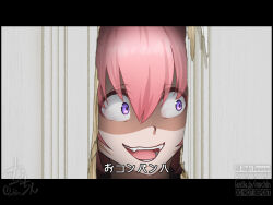 1futa :d artist_name bloodshot_eyes broken_door commentary door fangs futanari glowing glowing_eyes here&#039;s_johnny!_(meme) hole letterboxed looking_at_another looking_to_the_side meme muuchin_(muchmuchmuchin) open_mouth pink_hair purple_eyes sanpaku scene_reference shaded_face signature smile solo teeth the_shining twitter_username watermark
