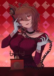 1girl absurdres agnes_tachyon_(umamusume) ahoge alternate_breast_size alternate_costume animal_ears antique_phone bead_necklace beads breasts brown_eyes brown_tail buttons cable corded_phone gloves hair_between_eyes highres holding holding_cable holding_phone horse_ears horse_girl horse_tail jewelry large_breasts messy_hair necklace open_mouth phone purple_shirt red_eyes rotary_phone sei_(bigaa) shirt sidelocks single_ear_down solo tail teeth umamusume upper_body upper_teeth_only white_gloves