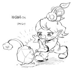 Rule 34 | ^^^, asaikaina, blush stickers, boots, borrowed character, buttons, character name, creature on head, eyelashes, gloves, greyscale, high five, insect wings, jitome, light blush, monochrome, nintendo, no headwear, no mouth, notice lines, open mouth, original, outstretched arm, pikmin (creature), pikmin (series), pikmin 4, rescue officer (pikmin), rock, rock pikmin, shadow, short hair, simple background, smile, solid circle eyes, spacesuit, swept bangs, walking, white background, winged pikmin, wings
