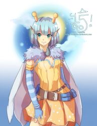 1girl alchemist_(ragnarok_online) antennae belt blue_eyes blue_gloves blue_hair blush bob_cut breasts brown_belt cape closed_mouth commentary cowboy_shot dress elbow_gloves english_commentary fur_collar gloves grey_cape highres pointy_ears ragnarok_online short_hair small_breasts smile solo squaffle1 strapless strapless_dress sun yellow_dress
