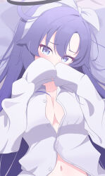 1girl absurdres alternate_costume black_halo blue_archive blush breasts cleavage collarbone commentary_request covered_mouth fortysansan hairband halo heart heart_in_eye highres long_hair looking_at_viewer navel purple_eyes purple_hair shirt sleeves_past_wrists solo symbol_in_eye white_hairband white_shirt yuuka_(blue_archive)