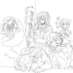 4girls :3 ? anger_vein bang_dream! bang_dream!_it&#039;s_mygo!!!!! chihaya_anon chinese_commentary closed_eyes closed_mouth collared_shirt commentary_request dreaming flying_sweatdrops food greyscale haneoka_school_uniform highres kaname_raana long_hair monochrome multiple_girls muonrei00 nagasaki_soyo necktie parfait school_uniform shirt short_hair sleeping smile spoken_question_mark takamatsu_tomori tsukinomori_school_uniform zzz