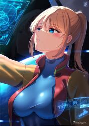 1girl absurdres artist_name blonde_hair blue_bodysuit blue_eyes blush bodysuit bodysuit_under_clothes breasts chinchongcha highres holographic_interface jacket large_breasts long_hair long_sleeves looking_up metroid mole mole_under_mouth multicolored_jacket nintendo open_clothes open_jacket orange_jacket ponytail red_jacket samus_aran signature skin_tight solo two-tone_jacket upper_body zero_suit