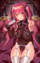 1girl alcohol bishooji blush breasts breasts_apart chair commentary_request covered_navel cup drinking_glass feet_out_of_frame garter_belt garter_straps heterochromia highres hololive houshou_marine large_breasts leotard long_hair looking_at_viewer red_eyes red_hair seat see-through_clothes see-through_leotard sitting solo spilling sweat sword thighhighs thighs twintails virtual_youtuber wakamezake wavy_mouth weapon white_thighhighs wine wine_glass yellow_eyes