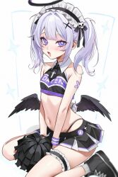 Rule 34 | 1girl, angel wings, bandaid, bandaid on arm, black halo, black skirt, black wings, breasts, cheerleader, crop top, detached collar, hair ornament, halo, highleg, highleg panties, highres, looking at viewer, low wings, maid headdress, medium hair, miniskirt, navel, ompf, open mouth, original, panties, pom pom (cheerleading), purple eyes, shoes, simple background, sitting, skirt, small breasts, sneakers, socks, solo, stomach, thigh strap, twintails, underwear, wariza, white background, white hair, wings, x hair ornament