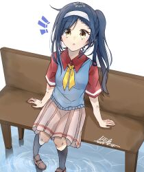 1girl absurdres artist_name artist_request bench blue_hair bokutachi_wa_benkyou_ga_dekinai brown_eyes furuhashi_fumino hairband highres kneehighs legs long_hair looking_at_viewer mole mole_under_eye ribbon school_uniform shirt shoes short-sleeved_shirt side_ponytail signature sitting skirt socks solo sweater_vest thighs white_background yellow_ribbon