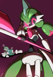 1boy 1girl 1other @_@ black_sclera black_skin blue_hair colored_sclera colored_skin gallade gardevoir gen_3_pokemon gen_4_pokemon glowing glowing_eye green_hair hair_between_eyes holding holding_weapon humanoid_robot iron_valiant joints looking_at_viewer medium_hair mohawk monya multicolored_hair multicolored_skin nintendo no_mouth pokemon pokemon_(creature) purple_background red_eyes red_hair robot robot_joints solo_focus squiggle twintails two-tone_skin underlighting weapon white_skin