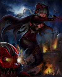 1girl assassin belt belt_boots black_boots black_thighhighs blood blood_on_face bodystocking boots braid breasts cape cleavage cloak dark-skinned_female dark_skin dual_wielding dungeon_and_fighter earrings elf floral_print gloves holding holding_knife holding_weapon hood hooded_cloak jewelry knee_boots knife large_breasts leather leather_boots long_hair moon pointy_ears red_eyes rose_print shadow_dancer_(dungeon_and_fighter) shiny_skin simple_background solo thief_(dungeon_and_fighter) thigh_boots thigh_strap thighhighs torn_cape torn_clothes turtleneck very_long_hair weapon weapon_in_garters white_hair