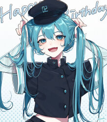 Rule 34 | 1girl, :d, adjusting hair, aegyo sal, aqua eyes, aqua hair, black hat, black shirt, buttons, commentary request, cropped shirt, english text, fang, hair between eyes, happy birthday, hat, hatsune miku, looking at viewer, open mouth, partial commentary, shirt, smile, solo, tongue, vocaloid, yoruse
