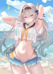 Rule 34 | 1girl, aqua bikini, arm behind head, armband, armpits, arms up, beach, bikini, bikini skirt, bikini under clothes, black armband, black sailor collar, blue skirt, blue sky, blush, breasts, bug, butterfly, cloud, collarbone, commentary request, crop top, crop top overhang, day, firefly (honkai: star rail), floating hair, gluteal fold, grey hair, hair between eyes, hair intakes, hair ornament, hairband, hand in own hair, hand up, highleg, highleg bikini, highres, honkai: star rail, honkai (series), insect, long hair, looking at viewer, medium breasts, microskirt, navel, neckerchief, outdoors, purple eyes, rorokaede, sailor collar, see-through clothes, see-through shirt, shirt, showgirl skirt, side-tie bikini bottom, skirt, sky, smile, solo, stomach, string bikini, swimsuit, thighs, very long hair, wet, wet clothes, wet shirt, white shirt, yellow neckerchief