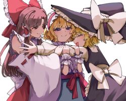 3girls alice_margatroid apron ascot back_bow black_hat black_skirt black_vest blonde_hair bow braid brown_hair capelet closed_eyes closed_mouth commentary_request detached_sleeves frilled_bow frilled_hair_tubes frilled_hairband frills hair_bow hair_tubes hairband hakurei_reimu hat hat_bow hug jingai_(k1bun) kirisame_marisa lolita_hairband long_hair long_sleeves multiple_girls open_mouth pink_hairband red_bow red_eyes red_skirt ribbon-trimmed_sleeves ribbon_trim short_hair side_braid single_braid skirt skirt_set smile touhou vest waist_apron white_apron white_bow white_capelet witch_hat wrist_cuffs yellow_ascot