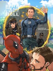 5boys anger_vein beard black_gloves blade_(marvel) blade_(series) bodysuit brown_hair closed_eyes closed_mouth coat commentary_request dark-skinned_male dark_skin deadpool deadpool_&amp;_wolverine deadpool_(series) facial_hair fantastic_four fingerless_gloves fire gambit gloves highres johnny_storm katana looking_at_another male_focus marvel marvel_cinematic_universe mature_male multiple_boys muscular muscular_male open_mouth red_bodysuit red_mask short_hair smile superhero_costume sweatdrop sword trench_coat u-ka_(fukei) weapon weapon_on_back wolverine_(x-men) x-men