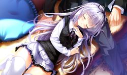 1girl choker closed_eyes frilled_skirt frills game_cg hair_ribbon half_updo hand_on_own_chest highres light_purple_hair long_hair lying no_shoes panties pantyshot pillow ribbon shoujo_shin&#039;iki_shoujo_tengoku skirt smile solo_focus star_(symbol) sweater_vest takagi_sana underwear upskirt white_legwear youta