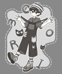 1boy absurdres alternate_costume black_eyes black_hair black_overalls black_socks blush character_name closed_mouth colored_skin expressionless full_body grey_shirt grey_shoes hat highres jewelry looking_at_viewer mewo multicolored_socks necklace omori omori_(omori) overalls ring shirt shoes short_hair short_sleeves socks striped_clothes striped_hat striped_socks t-shirt thatbirdcanfly white_skin white_socks