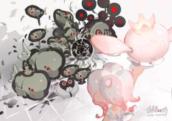 1girl agent_8_(splatoon) battering_lento commentary copyright_name crown drizzling_cappriccioso drone fish_skeleton gam_(99jellys) gradient_hair grey_hair jelleton marching_andante medium_hair multicolored_hair nintendo non-humanoid_robot octoling octoling_girl octoling_player_character pearl_(splatoon) pearl_drone_(splatoon) portal_(object) red_eyes red_hair robot spawning_accordo splatoon_(series) splatoon_3 splatoon_3:_side_order swarming_languendo tentacle_hair two-tone_hair whirling_accelerando white_background