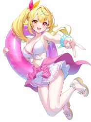 1girl :d absurdres ahoge bikini bikini_skirt blonde_hair blue_hair breasts center-flap_bangs cleavage clothes_around_waist cloud commentary_request double-parted_bangs front-tie_bikini_top front-tie_top full_body gyaru_v hair_flaps hair_intakes hair_ribbon heterochromia highres holding holding_swim_ring hoshikawa_sara innertube jacket jacket_around_waist large_breasts looking_at_viewer multicolored_hair nail_polish navel nijisanji open_mouth orange_eyes pink_hair pink_nails red_eyes ribbon sandals scrunchie side_ponytail simple_background sky smile solo streaked_hair sunamama4788 swim_ring swimsuit teeth toenail_polish toenails toes upper_teeth_only v virtual_youtuber wet white_background white_bikini wrist_scrunchie