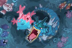 air_bubble bubble corsola gen_1_pokemon gen_2_pokemon goldeen gyarados horns magikarp nintendo no_humans open_mouth pokemon pokemon_(creature) red_eyes shellder signature single_horn squeegool teeth tongue tongue_out underwater