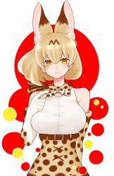 1girl absurdres animal_ear_fluff animal_ears animal_print bare_shoulders belt blonde_hair blouse bow bowtie breasts circle elbow_gloves extra_ears female_focus gloves hair_between_eyes hand_up high-waist_skirt highres kemono_friends large_breasts looking_at_viewer notora print_bow print_bowtie print_gloves print_neckwear print_skirt serval_(kemono_friends) shirt short_hair simple_background skirt sleeveless sleeveless_shirt smile solo traditional_bowtie white_shirt yellow_eyes