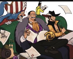 Rule 34 | 4boys, ascot, beard, black gloves, black hair, black pants, blue hair, buggy the clown, cigar, commentary request, crocodile, crocodile (one piece), crocodilian, dracule mihawk, f4ylu, facial hair, flying paper, flying sweatdrops, galdino, gloves, hat, highres, holding, holding paper, hook hand, jewelry, letterboxed, long hair, male focus, multiple boys, mustache, one piece, orange ascot, pants, paper, pirate hat, red nose, ring, shirt, sitting, smoke, stitched face, stitches, yellow shirt