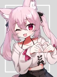 1girl ;d absurdres animal_ear_fluff animal_ears black_ribbon black_skirt blush bow cat_ears cat_girl cat_tail collarbone fang grey_background hair_between_eyes hair_ribbon heart heart_hands highres karin_(vrchat) long_hair long_sleeves looking_at_viewer midriff nokooooooo one_eye_closed open_mouth pink_bow pink_eyes pink_hair pleated_skirt puffy_long_sleeves puffy_sleeves red_eyes ribbon simple_background skin_fang skirt smile solo tail twintails vrchat