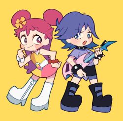 2girls bead_bracelet beads belt bike_shorts_under_skirt blue_eyes blush_stickers boots bracelet collar collared_dress double_bun dress electric_guitar flower full_body guitar hair_bun hair_flower hair_ornament hand_on_own_hip hi_hi_puffy_amiyumi holding holding_guitar holding_instrument instrument jewelry jitome looking_at_another looking_to_the_side miyata_(lhr) multiple_girls oonuki_ami open_mouth pink_eyes pink_hair purple_hair shirt short_hair short_sleeves skirt sleeveless sleeveless_dress smile spiked_bracelet spiked_collar spikes t-shirt two_side_up wrist_cuffs yellow_background yoshimura_yumi