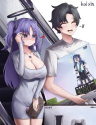 1boy 2girls absurdres alternate_costume aris_(blue_archive) bag blue_archive breasts clutch_purse dress escalator game_console halo handbag highres indoors jewelry kai_xin large_breasts mechanical_halo millennium_science_school_logo multiple_girls necklace nvidia parody playstation_5 purple_eyes purple_hair sensei_(blue_archive) sensei_(blue_archive_the_animation) sony yuuka_(blue_archive)