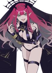 Rule 34 | 1girl, absurdres, arm under breasts, baobhan sith (fate), baobhan sith (second ascension) (fate), black panties, bracelet, breasts, detached sleeves, earrings, fangs, fate/grand order, fate (series), hand up, highres, hiyakamosirenai, hoop earrings, jewelry, long hair, looking at viewer, open mouth, panties, pink hair, revealing clothes, smile, solo, spiked bracelet, spikes, thigh strap, underwear, veil, white background