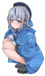 1girl :/ amagai_ruka appleseed_(appleseed_art) arm_pouch bare_legs beret black_hat black_shoes blue_bow blue_coat blue_eyes blue_hair blue_streaks blush bow center-flap_bangs coat ear_piercing frilled_sleeves frills full_body gloves grey_hair hair_ribbon half_crown_braid hands_on_own_thighs hat hat_bow highres hood hood_down hooded_coat legs_folded legs_together long_sleeves looking_at_viewer multicolored_hair parted_lips piercing raincoat ribbon ribbon_braid shoes simple_background sleeve_pouch solo squatting streaked_hair tress_ribbon virtual_youtuber weather_planet white_background white_gloves