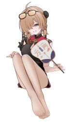 1girl absurdres black_dress breasts brown_hair china_dress chinese_clothes dress feet full_body grin hair_over_one_eye hand_fan highres holding holding_fan large_breasts legs_together nagata_gata nail_polish no_shoes pantyhose purple_eyes sitting smile solo sweety_(zenless_zone_zero) toenail_polish toenails toes zenless_zone_zero
