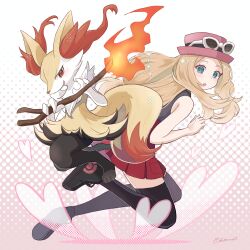 Rule 34 | 1girl, :o, absurdres, black footwear, black thighhighs, blonde hair, braixen, chama (kevs2875), commentary request, eyelashes, eyewear on headwear, fire, gen 6 pokemon, hand up, hat, heart, highres, long hair, looking to the side, nintendo, open mouth, pink background, pleated skirt, pokemon, pokemon (creature), pokemon xy, polka dot, polka dot background, red skirt, serena (pokemon), shirt, shoes, skirt, sleeveless, sleeveless shirt, sunglasses, thighhighs, white background