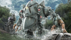 acguy arm_cannon beam_cannon claws cloud cloudy_sky copyright_logo forest gundam gundam_battle_operation_2 highres machinery mecha mecha_focus mobile_suit mobile_suit_gundam nature no_humans official_art one-eyed painting_(medium) rainforest realistic river robot scan science_fiction size_difference sky sunrise_(company) tenjin_hidetaka traditional_media water weapon wet when_you_see_it z&#039;gok zeon zock