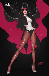 1girl black_cape black_hair black_hat black_jacket black_panties bow bowtie brown_pantyhose cape cropped_jacket david_nakayama dc_comics fishnet_pantyhose fishnets full_body gloves green_eyes hat high_heels highres initial jacket long_hair looking_at_viewer magician open_clothes open_jacket panties pantyhose red_cape red_lips shirt shoes simple_background solo top_hat two-sided_cape two-sided_fabric underwear white_bow white_bowtie white_gloves white_shirt white_shoes zatanna_zatara