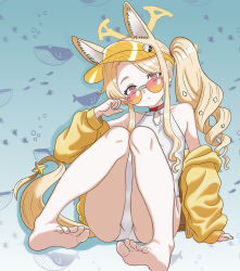 1girl above_cleavage_cutout animal_ears barefoot blonde_hair blue_archive breasts cross_halo diamond_cutout feet foreshortening fox_ears fox_girl halo highleg highleg_one-piece_swimsuit highres jacket looking_at_viewer official_alternate_hairstyle one-piece_swimsuit orange-tinted_eyewear seia_(blue_archive) seia_(swimsuit)_(blue_archive) sitting small_breasts soles solo sunglasses swimsuit tinted_eyewear toes user_thgk4842 visor_cap white_one-piece_swimsuit yellow_halo yellow_jacket yellow_visor