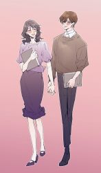 Rule 34 | 1girl, alternate costume, black hair, black pants, black shoes, black skirt, black socks, blush, book, brown eyes, brown hair, brown sweater, closed eyes, collared shirt, commentary request, full body, highres, holding, holding book, holding hands, jabuchi you, korean commentary, medium hair, oneul, open mouth, outline, pants, pink background, purple shirt, saibou shinkyoku, shirt, shoes, short hair, short sleeves, skirt, smile, socks, sweater, white outline, white shirt, yanagi nina