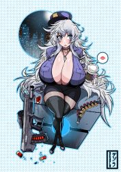 Rule 34 | 1girl, a.c.p.u. (nikke), absurdres, alternate breast size, ammunition, ammunition belt, black thighhighs, blue eyes, breasts, bullpup, cleavage, commentary, cup, desola, disposable coffee cup, disposable cup, dog tags, english commentary, fluffy hair, gloves, goddess of victory: nikke, gun, hat, highres, holding, holding cup, huge breasts, long hair, open mouth, poli (nikke), police, police hat, police uniform, policewoman, shotgun, shotgun shell, skirt, smile, solo, tactical clothes, thighhighs, very long hair, weapon, white hair, window magazine