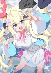 1girl \m/ absurdres ahoge animal_ears blonde_hair blue_eyes blue_jacket blush bow breasts candy cellphone cleavage commission dress fang fish food hair_ornament highres holding holding_phone jacket large_breasts lollipop long_hair looking_at_viewer open_mouth original phone pink_bow pink_ribbon ribbon shiro9jira skeb_commission skin_fang smartphone smile solo sparkle twintails white_dress x_hair_ornament