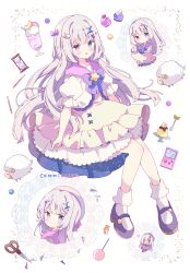 Rule 34 | 1girl, absurdres, blue eyes, blush, book, borrowed character, bow, bowtie, candy, chibi, closed mouth, cloud hair ornament, commentary request, commission, cup, cupcake, dress, drink, drinking glass, food, full body, hair bow, handheld game console, heterochromia, highres, holding, holding book, hourglass, lollipop, looking at viewer, mary janes, multiple views, open mouth, original, pink eyes, pink sailor collar, purple bow, purple bowtie, purple shoes, sailor collar, scissors, shoes, short sleeves, simple background, skeb commission, smile, socks, tsukiyo (skymint), white background, white dress, white socks, wrapped candy