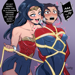 2girls abs armlet arms_behind_back artist_name bare_shoulders bdsm black_hair blue_bodysuit blue_eyes blush bodysuit bondage bound breasts cape circlet collarbone commentary dc_comics dc_extended_universe english_commentary english_text eyelashes femdom heart heart-shaped_pupils highres impossible_bodysuit impossible_clothes jewelry lasso_of_truth long_hair medium_breasts motion_lines multiple_girls muscular muscular_female open_mouth rope shibari short_hair signature skin_tight skirt speech_bubble supergirl superman_(series) symbol-shaped_pupils sytokun teeth the_flash_(movie) trembling turtleneck turtleneck_bodysuit twitching wonder_woman wonder_woman_(series) yuri