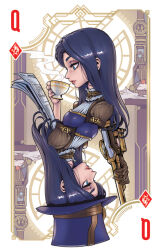 1girl black_hair blue_eyes breasts brown_gloves caitlyn_(league_of_legends) cup from_side gloves gun hat holding holding_cup holding_gun holding_newspaper holding_weapon large_breasts league_of_legends long_hair long_sleeves multiple_views newspaper phantom_ix_row purple_shirt queen_(playing_card) rifle shirt sniper_rifle top_hat weapon