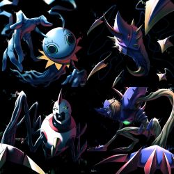 absurdres blonde_hair chrysalimon diablomon digimon evolution evolutionary_line green_eyes gun highres infermon keramon red_eyes weapon