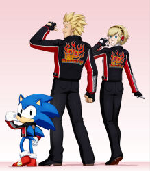 1girl 2boys aigis_(persona) black_footwear black_jacket blonde_hair blue_eyes fingerless_gloves from_behind full_body furry furry_male gloves highres jacket jacky_bryant joeadok leather leather_jacket looking_at_viewer looking_back multiple_boys persona persona_3 sega sonic_(series) sonic_the_hedgehog sonic_the_hedgehog_(classic) standing virtua_fighter white_gloves