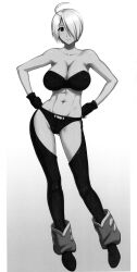 1girl angel_(kof) boots bra breasts curvy female_focus gloves hands_on_own_hips huge_breasts large_breasts leather looking_at_viewer panties pepsitou shoes short_hair smile st.germain-sal standing the_king_of_fighters thick_thighs thighs underwear white_hair wide_hips