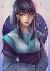 Rule 34 | 1girl, cherry blossoms, female focus, hands in opposite sleeves, japanese clothes, looking at viewer, masaki aeka jurai, petals, purple hair, red eyes, short hair with long locks, solo, tenchi muyou!, tiara, washuu