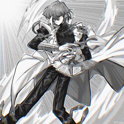 Rule 34 | 1boy, card, card pendant, coat, deck of cards, duel disk, fk 0046, highres, holding, holding card, kaiba seto, male focus, motion lines, short hair, solo, speed lines, trading card, wind, yu-gi-oh!, yu-gi-oh! duel monsters