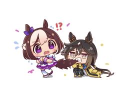 !? 2girls animal_ears biting_another&#039;s_tail blonde_hair bow braid brown_eyes brown_hair chibi coat commentary_request ear_bow flying_sweatdrops gradient_eyes gradient_hair half_up_braid highres horse_ears horse_girl horse_tail layered_skirt moko39_takasora multicolored_eyes multicolored_hair multiple_girls puffy_short_sleeves puffy_sleeves purple_bow purple_eyes sharp_teeth short_sleeves simple_background skirt special_week_(umamusume) stay_gold_(umamusume) tail teeth thighhighs torn_clothes torn_coat two-tone_hair umamusume white_background white_hair white_thighhighs yellow_coat